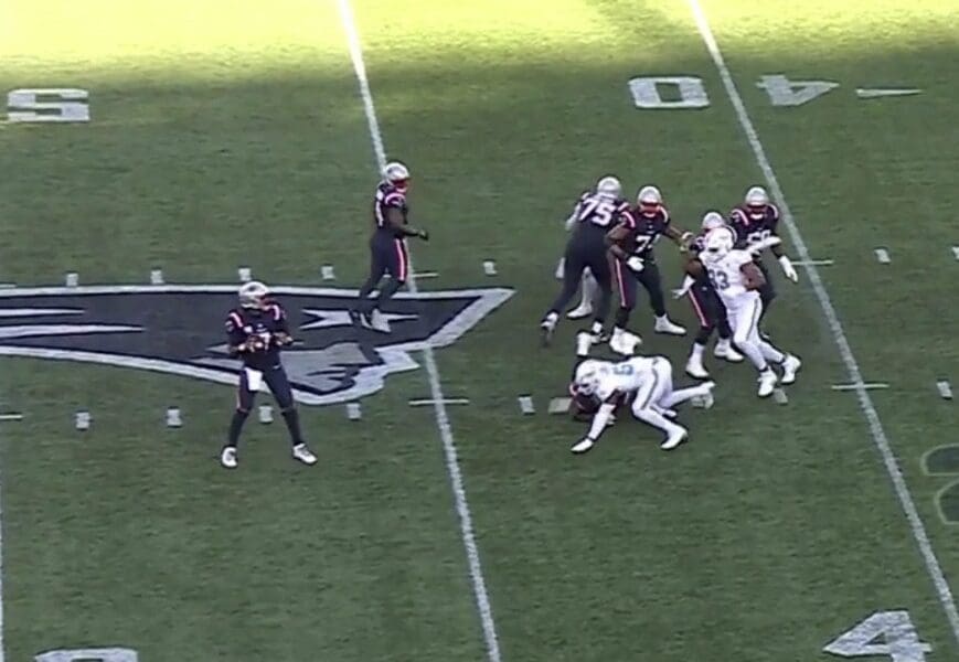 New England Patriots quarterback Jacoby Brissett drops back to pass on the final play of the game in their Week 15 loss to the Miami Dolphins